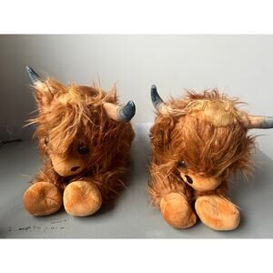 Set of 2 Highland Cow Stuffed Animals Farm Plushie Brown Furry Soft Adorable New